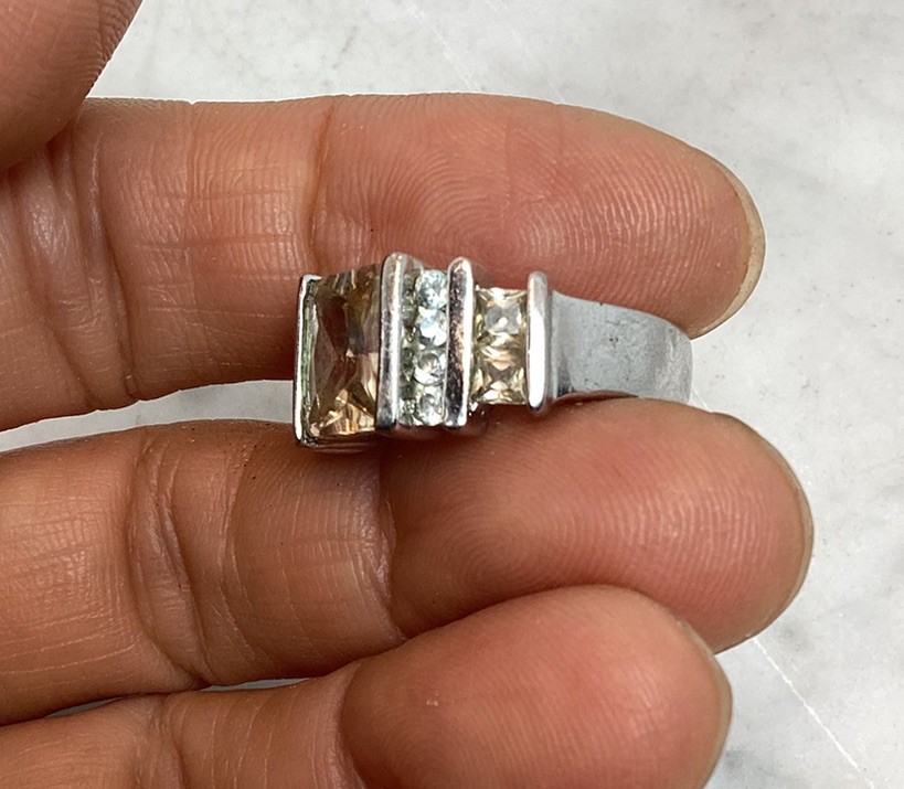 Vintage FAS 925 Sterling Silver Champagne Citrine CZ Cubic Zirconia Ring Size 7