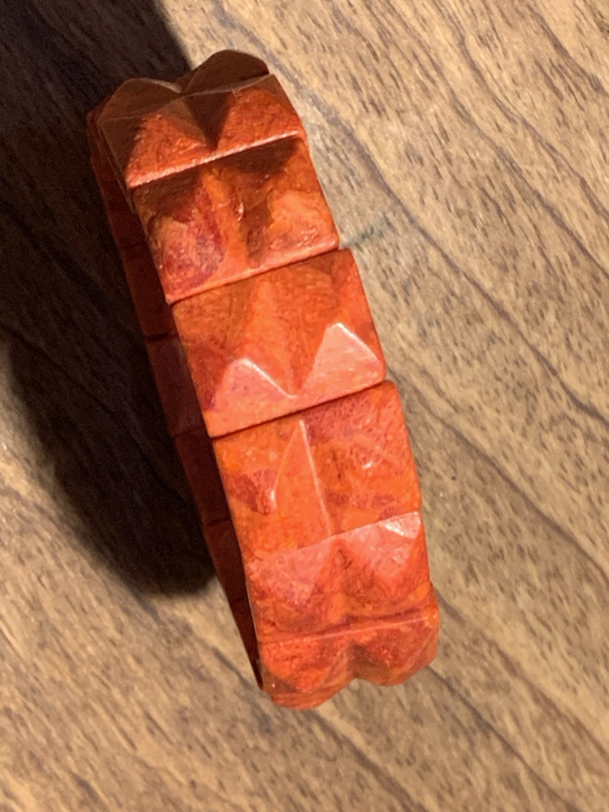 Beautiful Vintage Red Genuine Coral Carved Stretch Bracelet Bangle