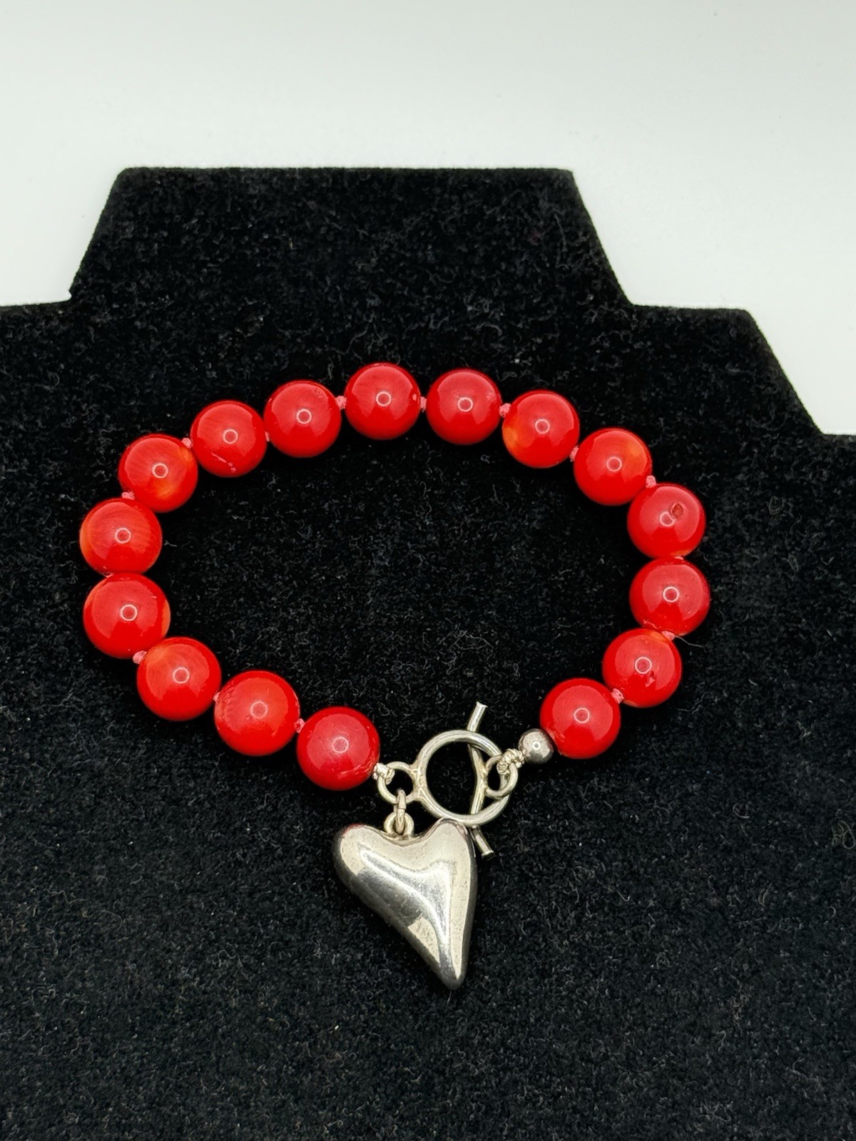 Vintage Sterling Silver Heart Bracelet Red Onyx Stones Toggle Closure 8”