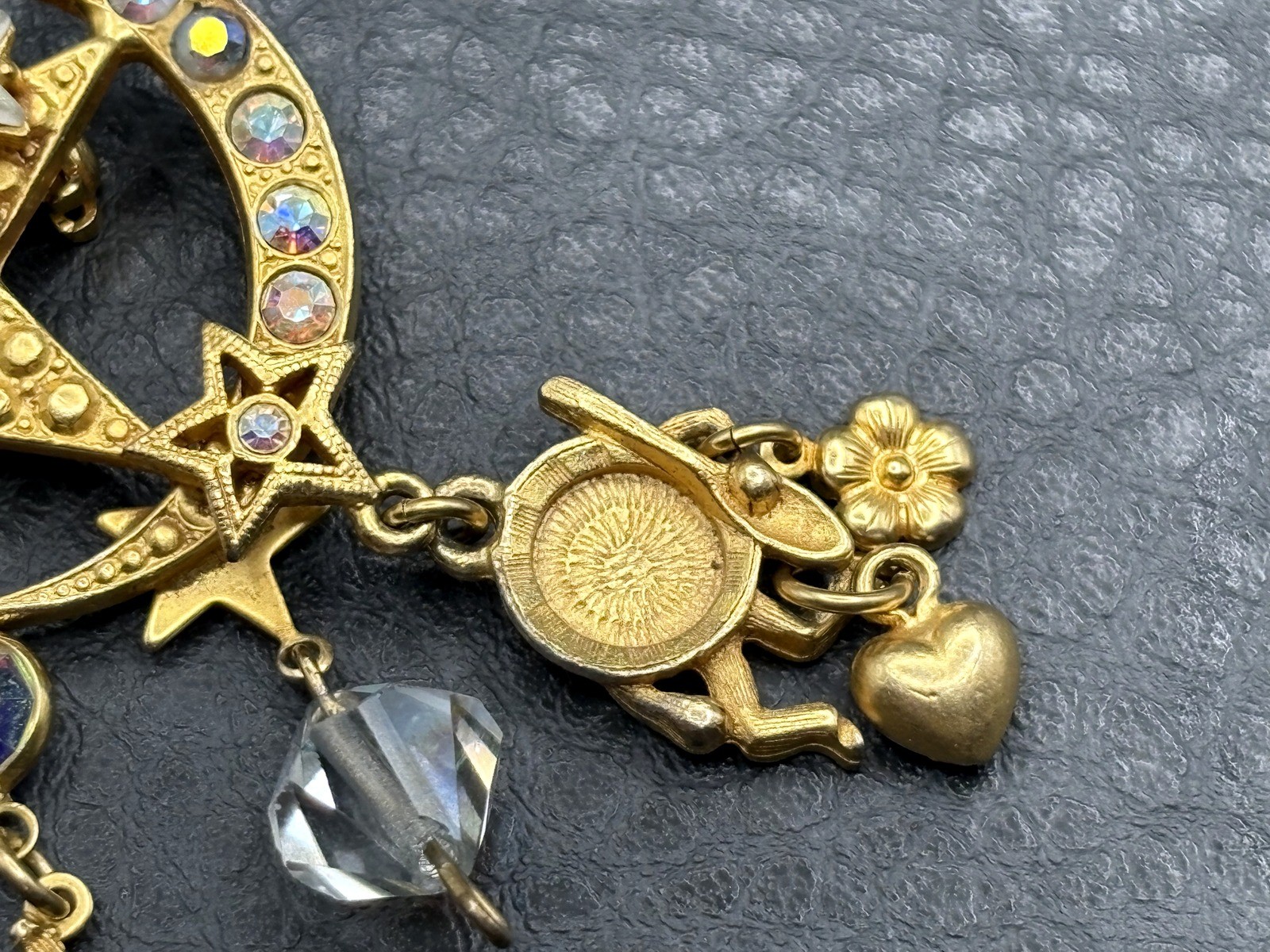 Kirks Folly Hey Diddle Diddle Gold Tone Crystal Brooch Pin Cat Cow Moon Star