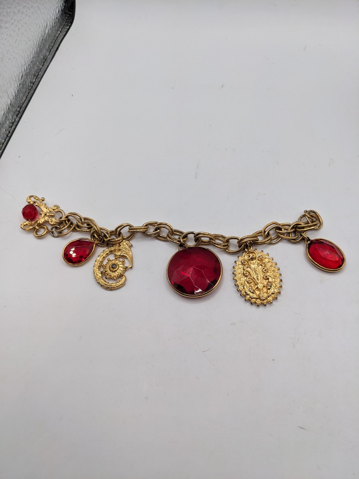 Vintage Jewlery Lot, Charm Bracelet, Brooches,Pin Gold Tone Red, Monet,Granland