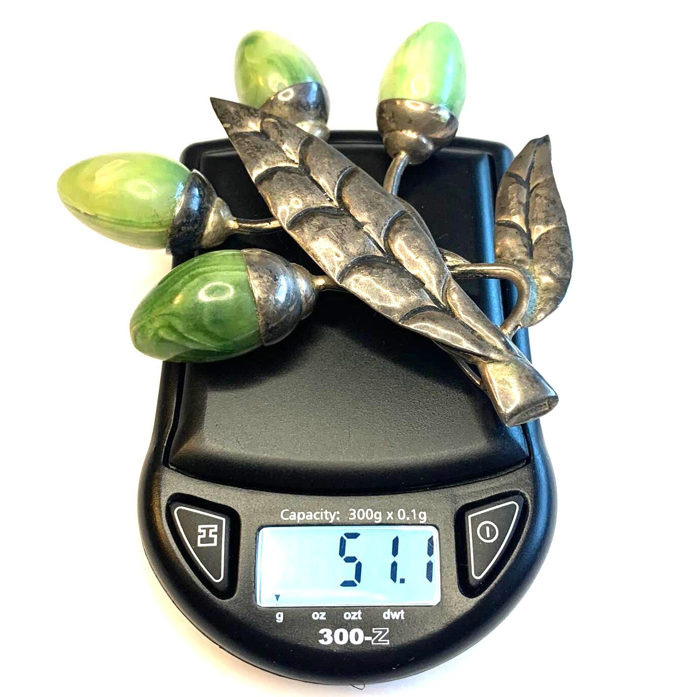 Vintage Mexico Silver and Green Agate Flower Bud Brooch Pin