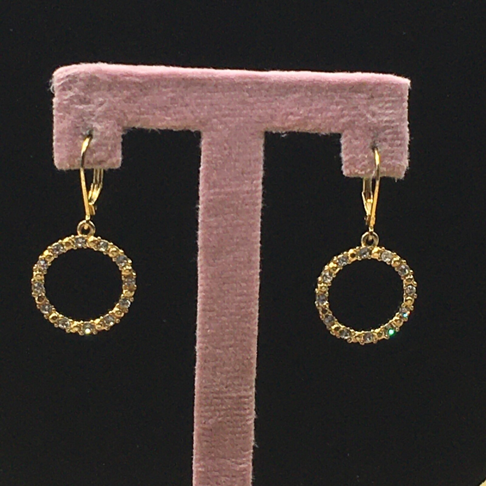 Avon Rhinestone Earrings Gold Tone Round Pave Circle Lever Back 1.5″