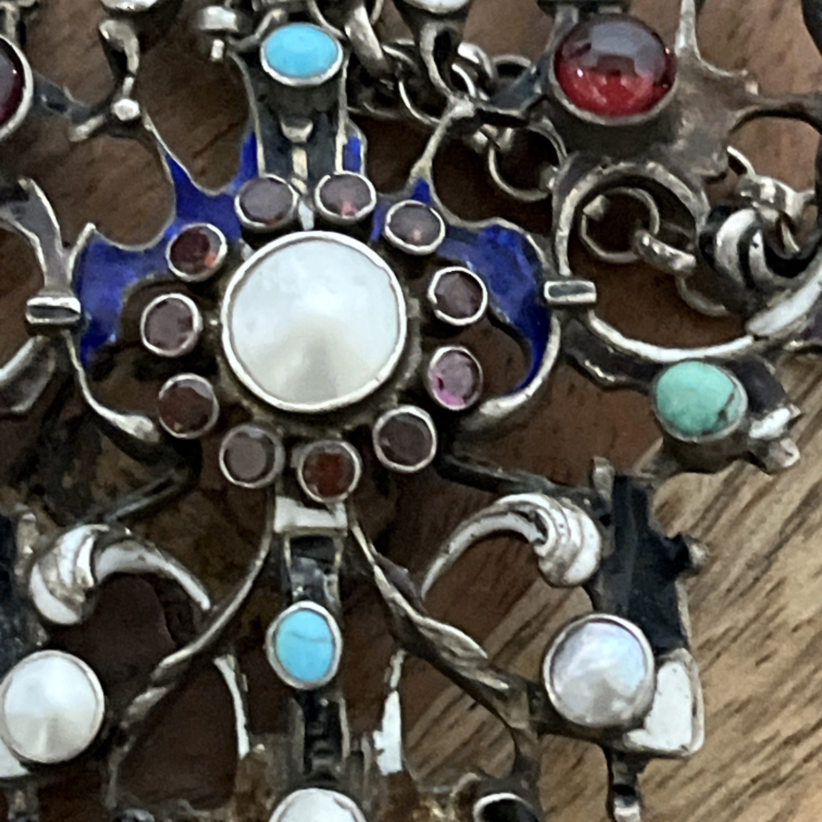 Antique Hermann Bohm AUSTRO HUNGARIAN Garnet Turquoise Silver Pendant Necklace