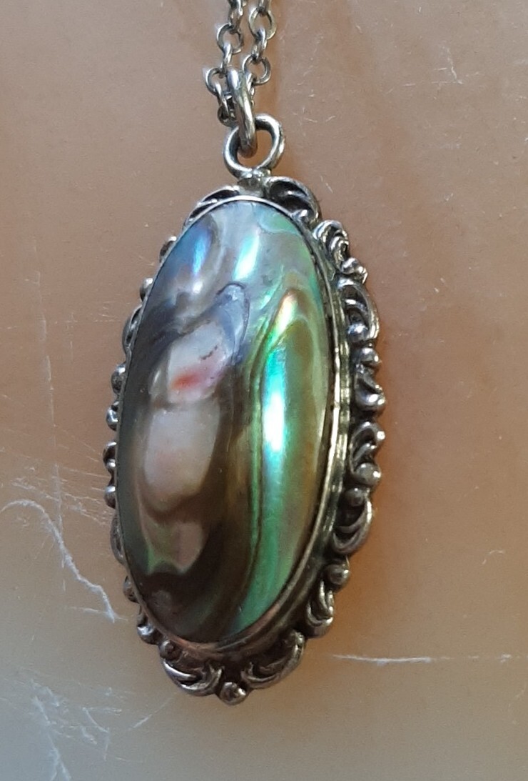 Vintg Pendant Necklace Blister Pearl Spiny Oyster Abalone Art Nouveau “STERLING”