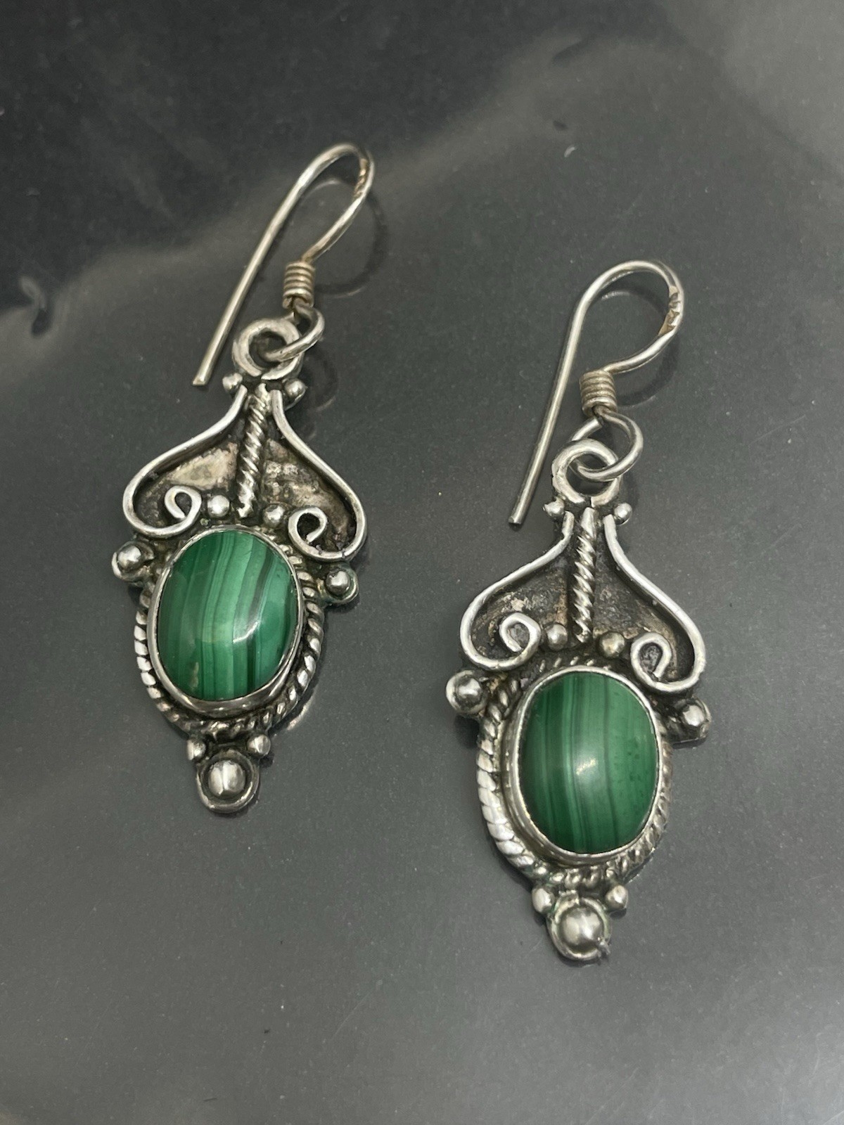 Vintage 925 Sterling Silver Malachite Fishhook Dangle 1.75” Earrings