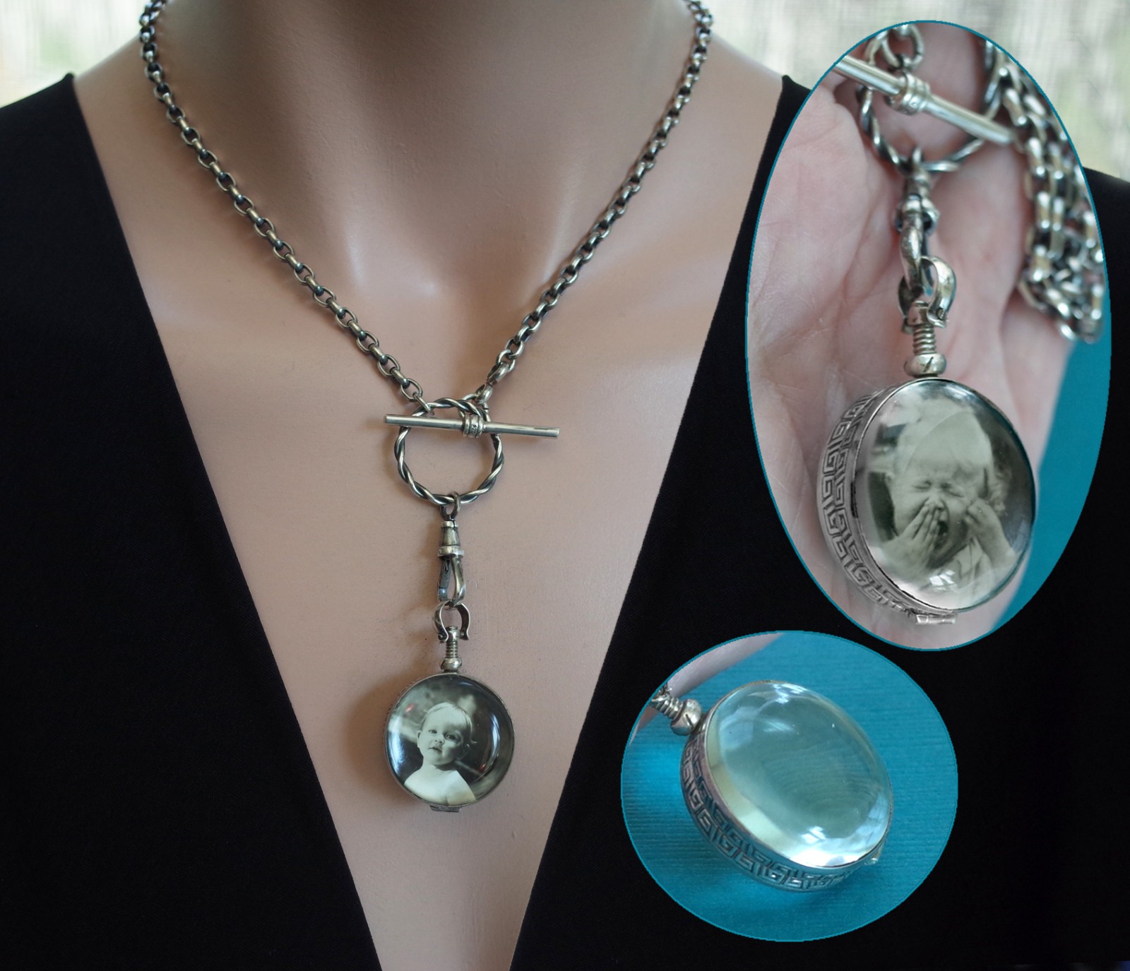 Sterling Silver Heavy Rolo Chain Glass Locket Watch Swivel T Bar Toggle Closure