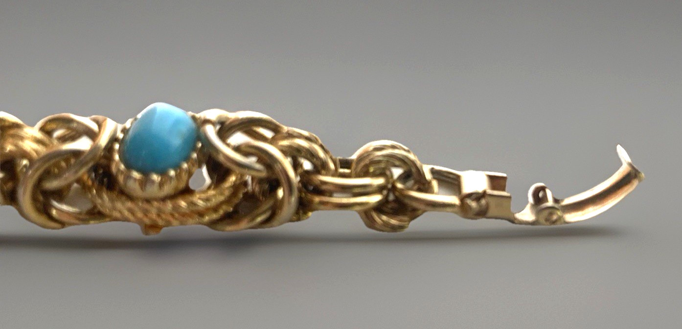Small Vintage Gold Tone Byzantine Style Faux Turquoise Link Bracelet 6-1/4″ Long