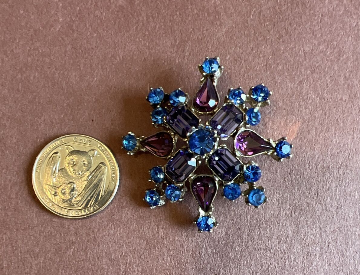 Silver Tone Blue And Purple Rhinestone Starburst Brooch app. 2″ Diameter