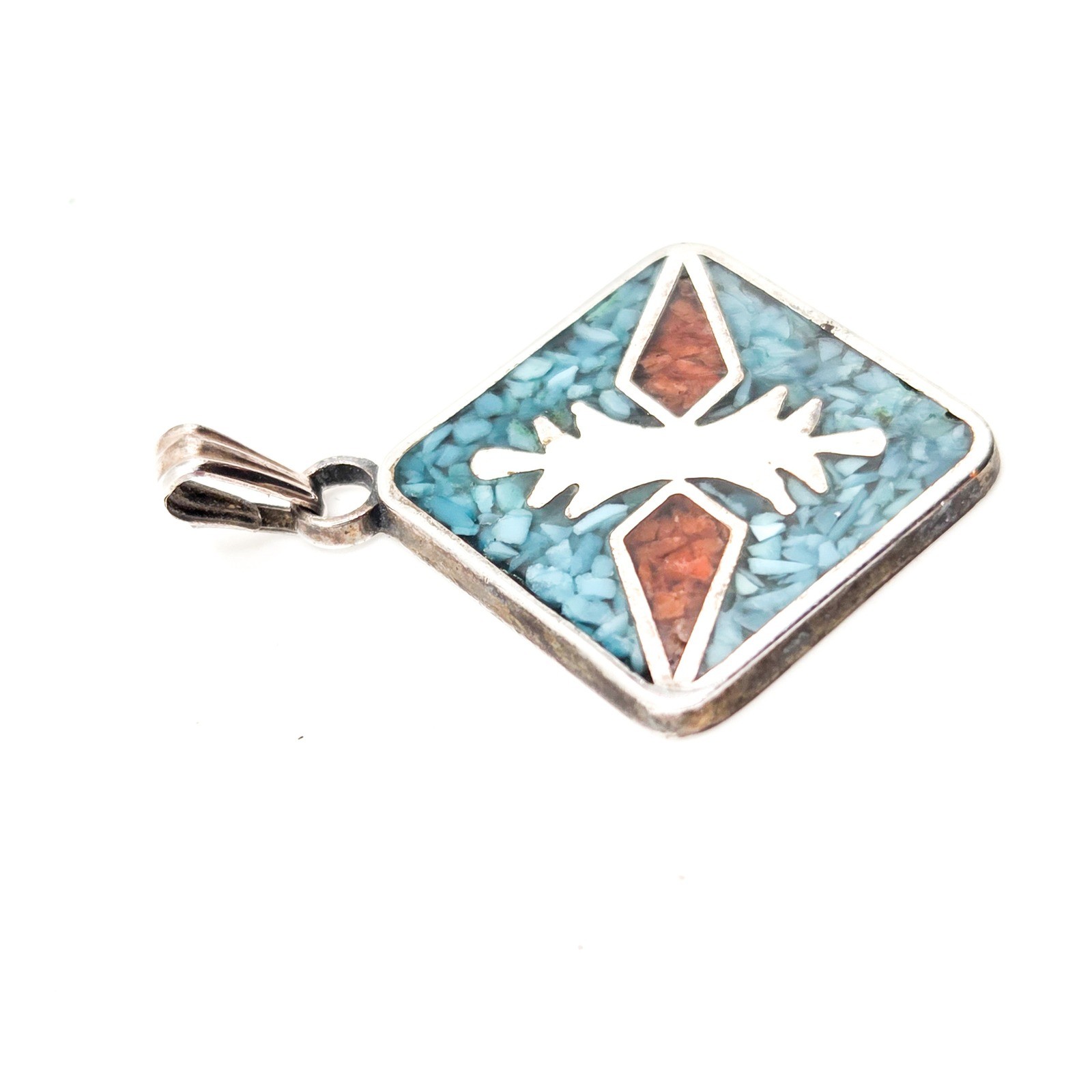 Vintage Sterling Silver 925 Thunderbird Chip Inlay Turquoise Coral Pendant
