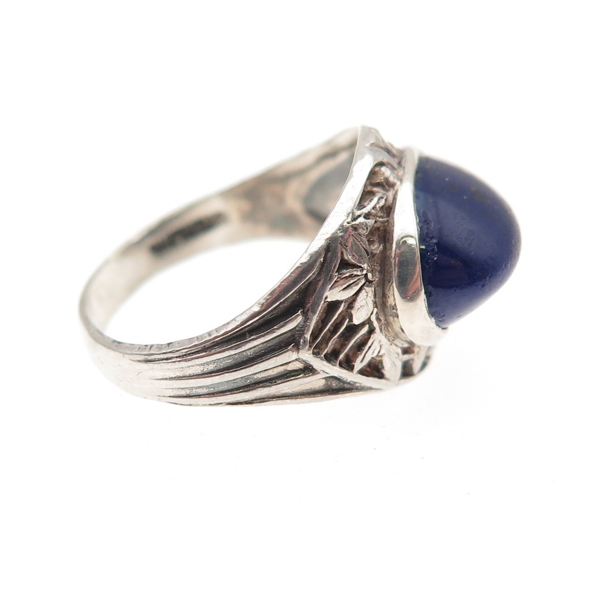 925 Sterling Silver Vintage Real Lapis Floral Oxidized Ring Size 4.25