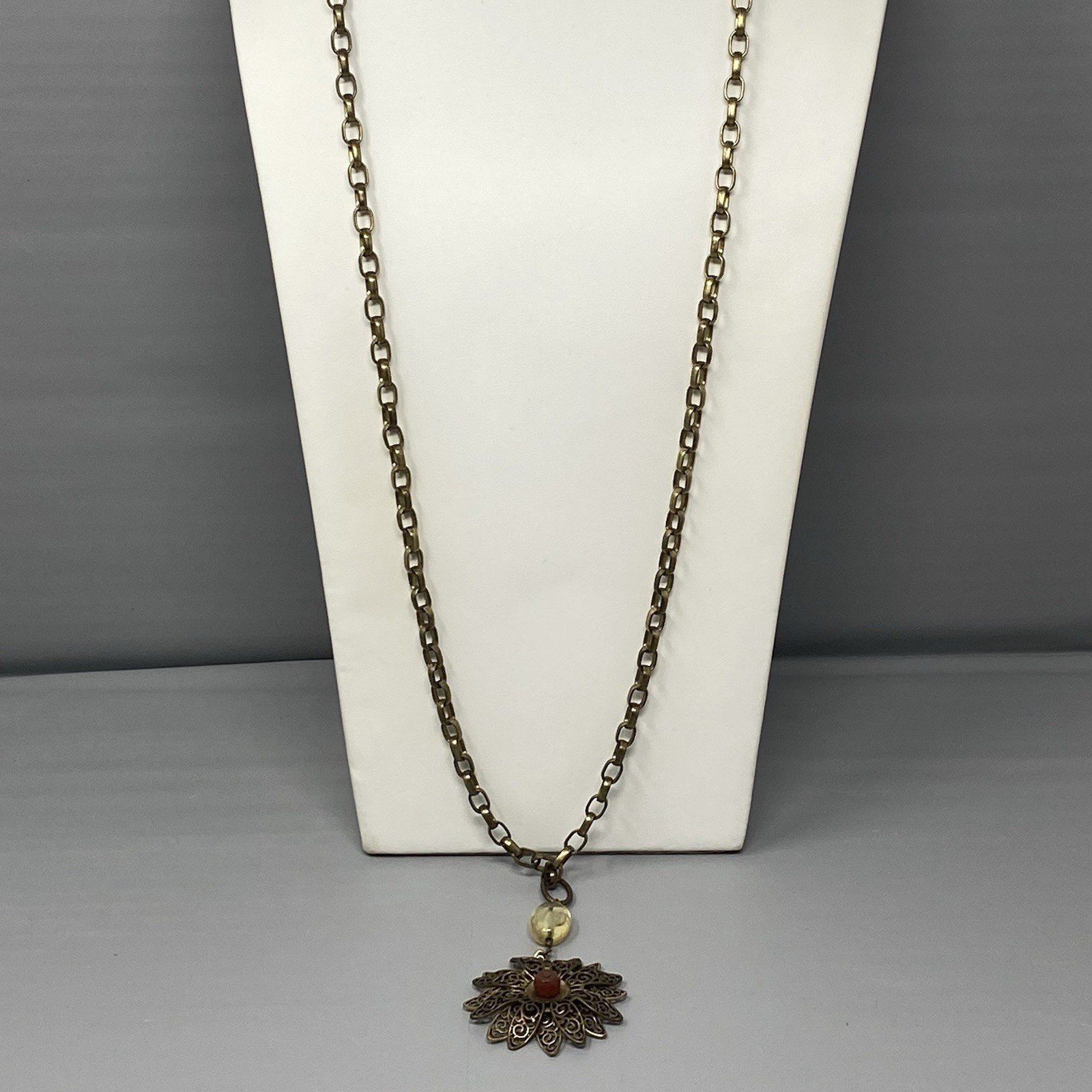 Lucky Brand Pendant Necklace Brass Gold Tone Layered Flower Chunky Long 36″