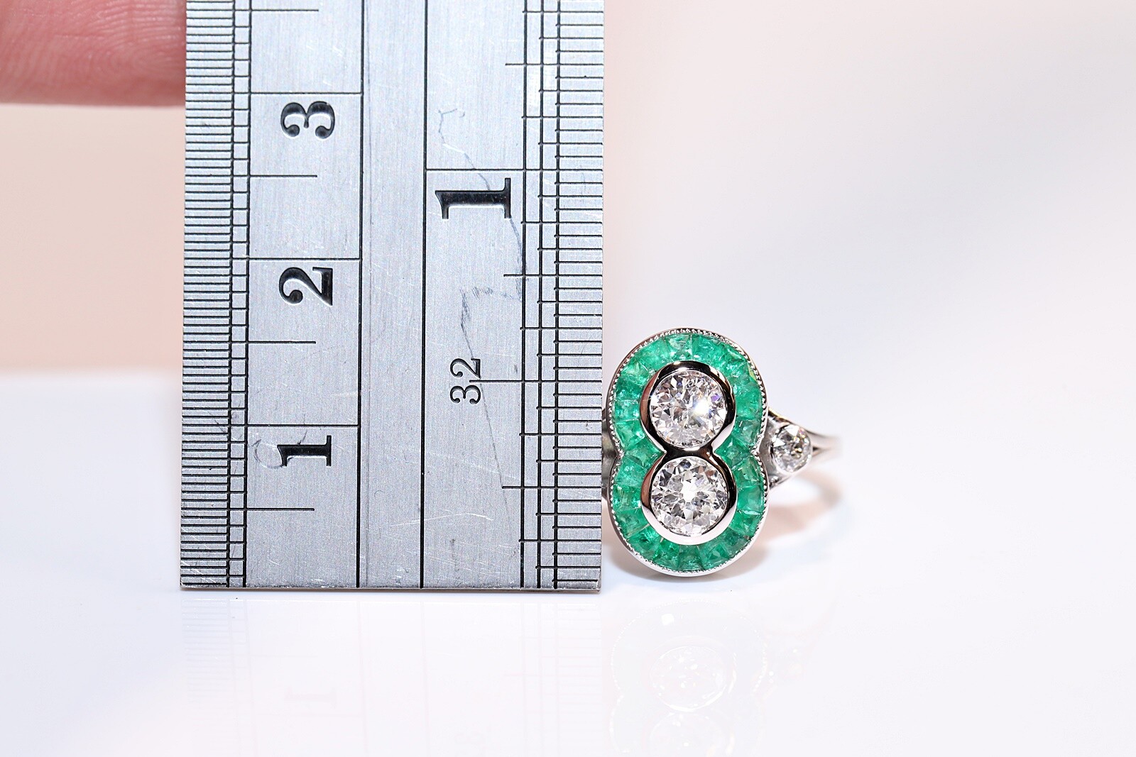 New Made 18k Gold Natural Old Cut Diamond And Caliber Cut Emerald Ring