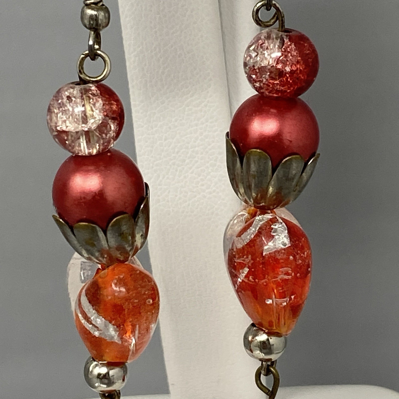 Red Glass Dangle Earrings Fused Heart Crackled Pierced Silver Tone 2.5″