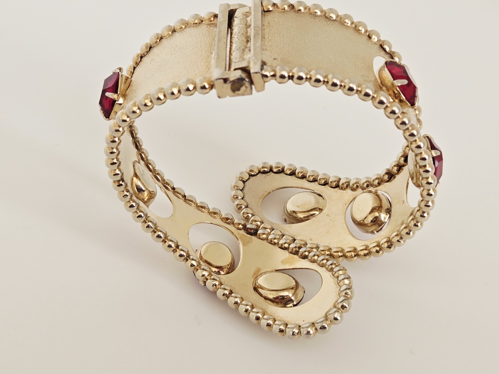 Vintage MCM Gold Tone Red Rhinestone Statement Clamper Bracelet