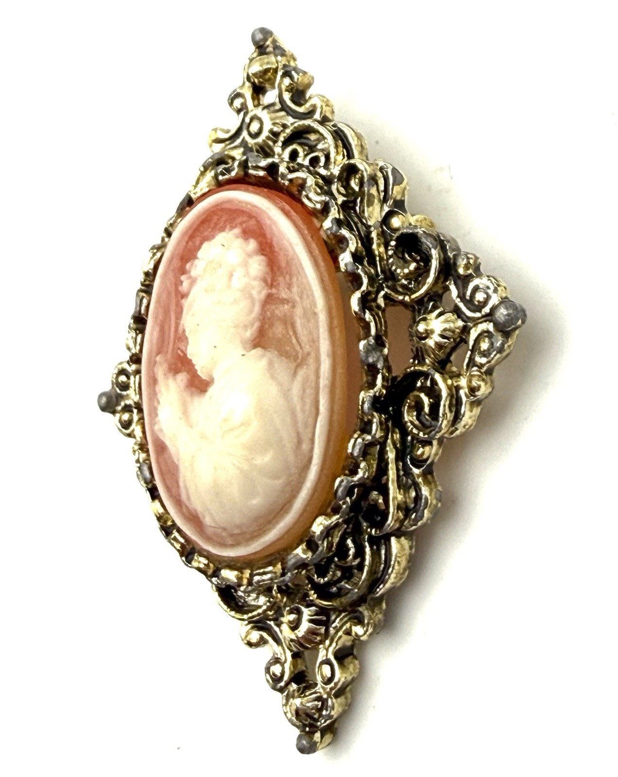 Gerry’s Vintage Cameo Brooch Pin Gold Tone Orange Cream Woman Holding Bird 2″ *