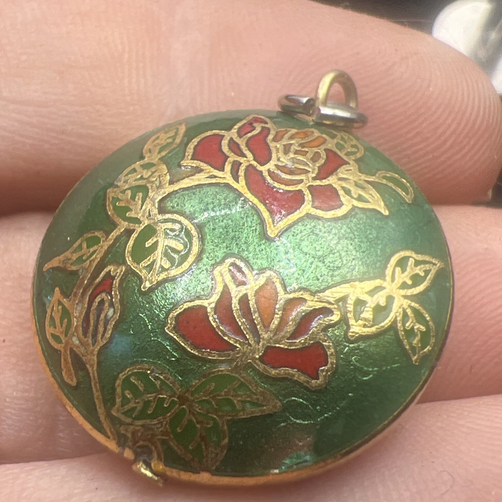 Vintage Double Sided Cloisonné Green Enamel Round Pendant Pink. and Blue Flowers