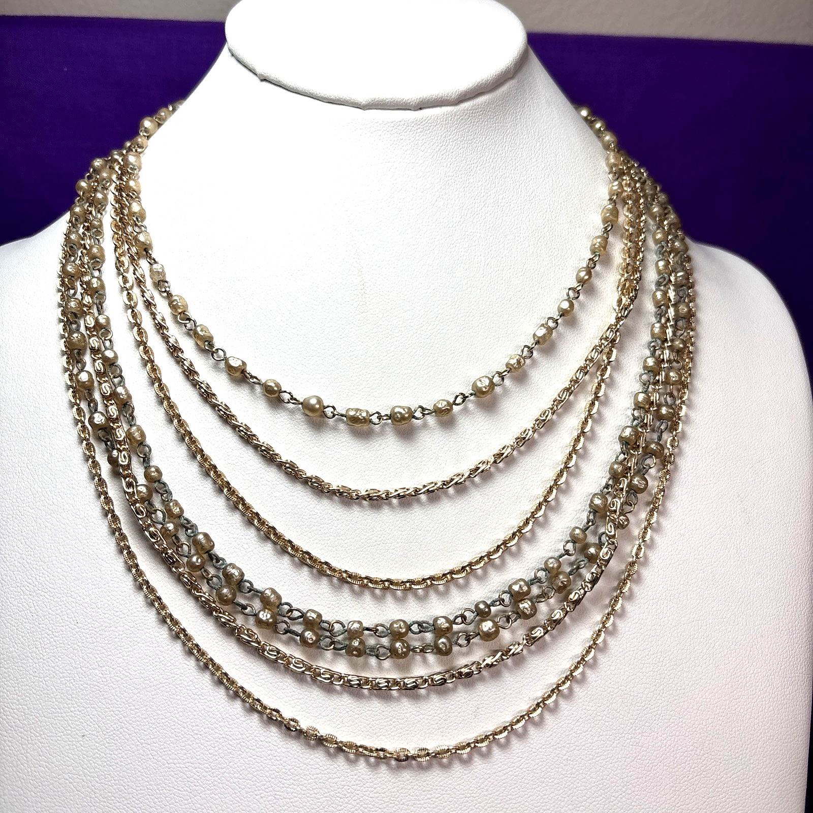Vintage Multi-Strand Layered Gold Chain W/Faux Pearls Drape Necklace N34