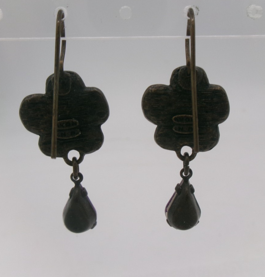 Vintage Avon Bronze Tone Flower Purple Gem Teardrop Dangle Hook Pierced Earrings