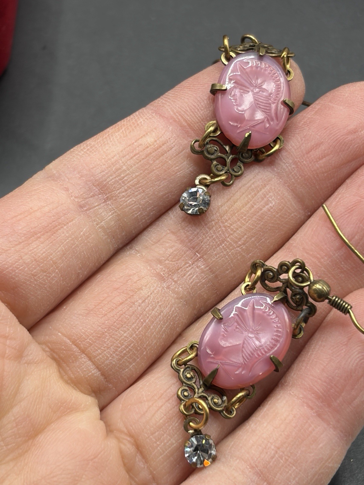 Glass Works Studio Earrings Pink Cameo Knight Dangles Openwork Gold Tone 2”