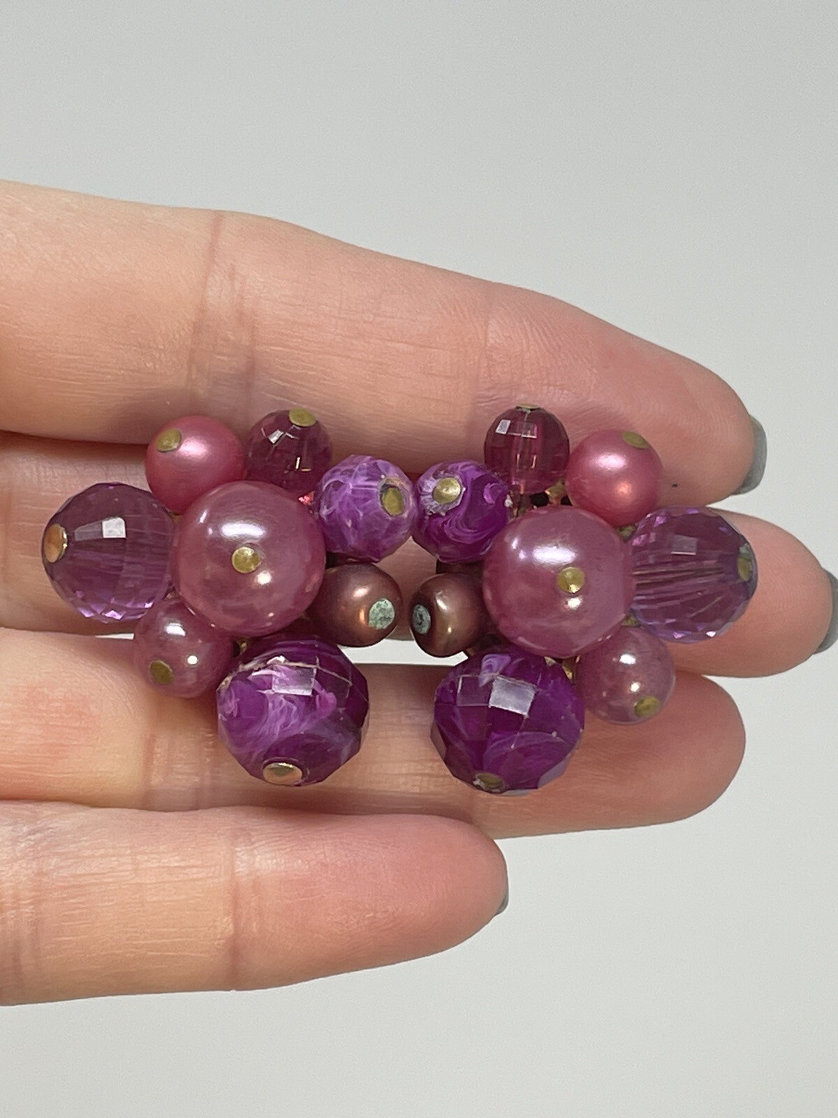 Vintage Zentall Purple Bead Cluster Clip On Earrings Faceted Crystal Faux Pearl