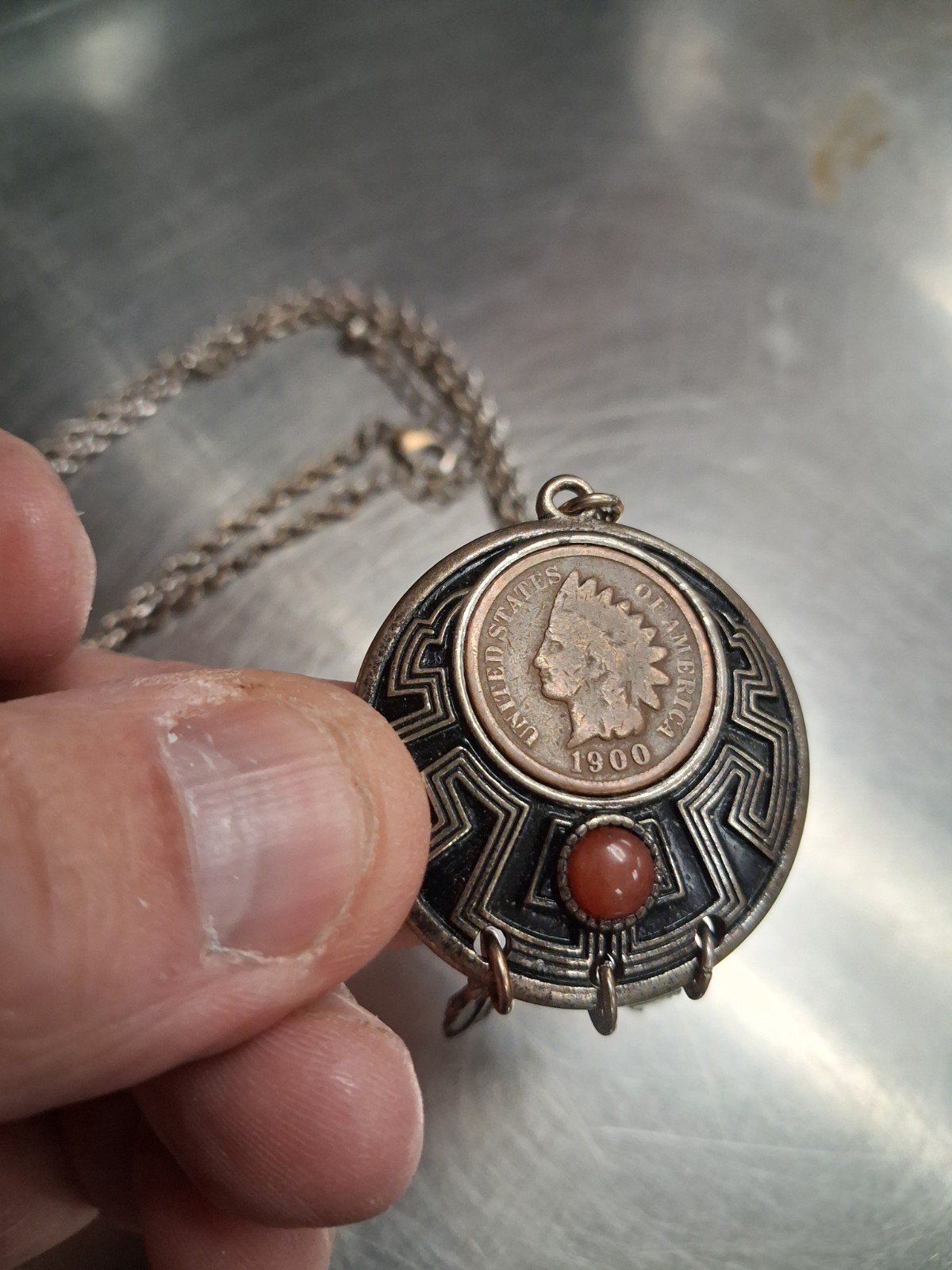1900 Indian Head Penny Necklace on Metal Dreamcatcher, Carnelian Gem 3 Feathers