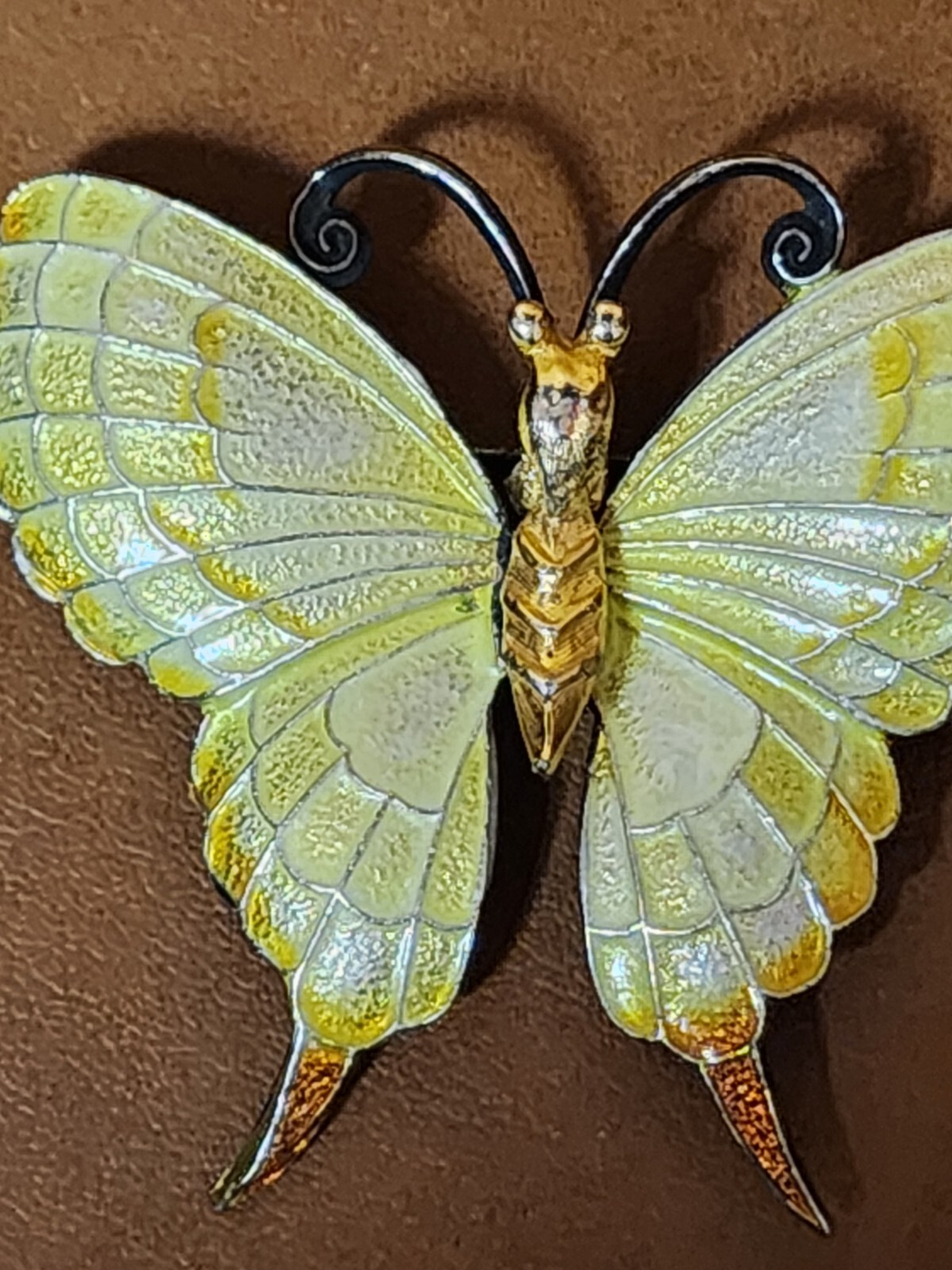 Vintage Butterfly Brooch with Detailed Wings Light Yellow Enamel Finish 2″x 2.5″