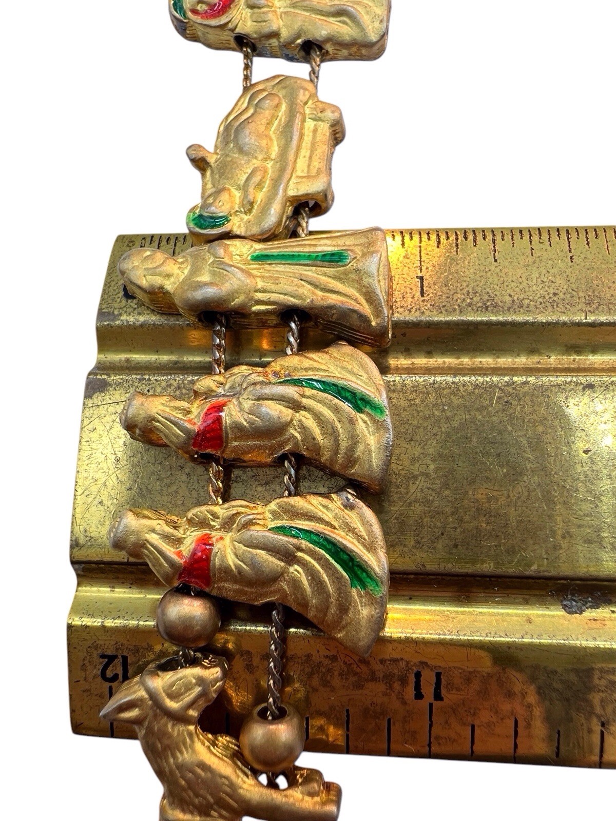 Christmas Nativity Gold-Tone Enamel Charm Slide Bracelet Signed Two Sisters WB