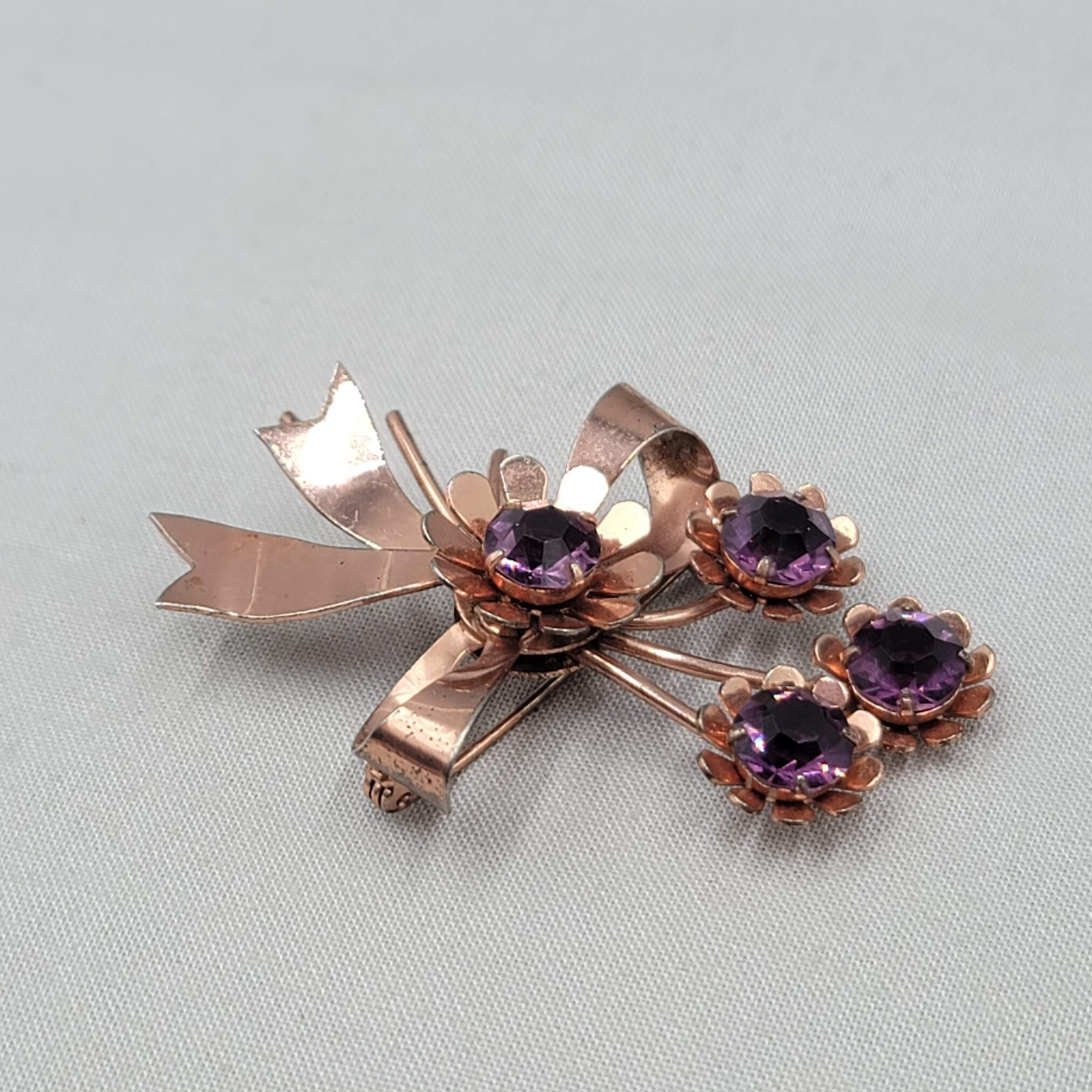 Vtg Sterling Silver Flower Pin Brooch Purple Rhinestone Rose Gold Vermeil 2.5″