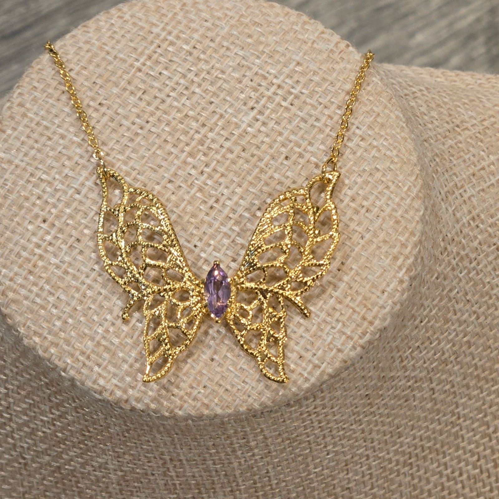 Vintage Gold Butterfly Necklace Purple Stone Filigree 14K HGE Lindenwold Jeweler