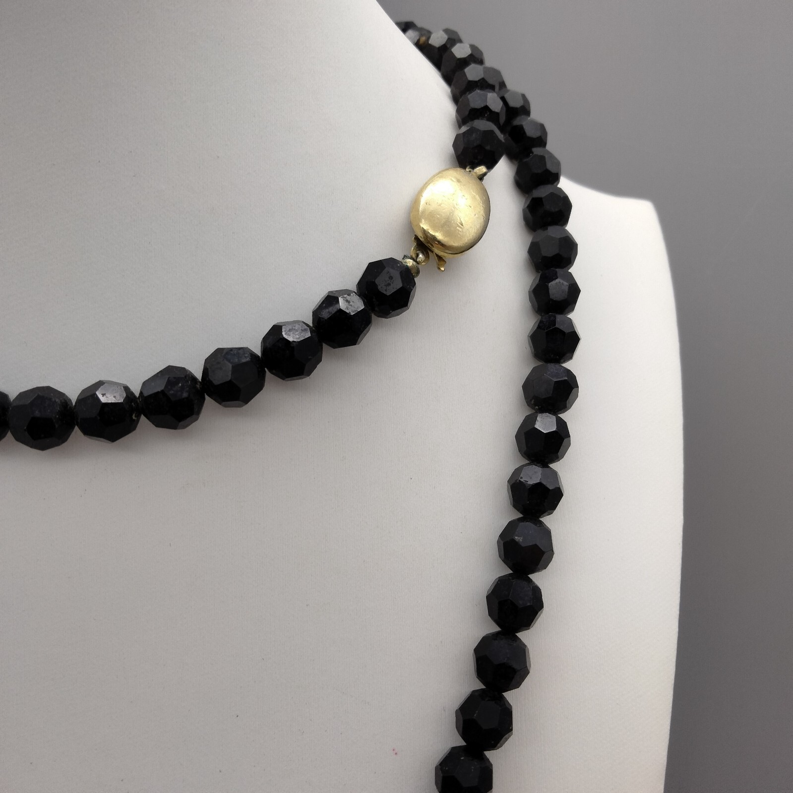 Gothic Goth Black Faceted Glass Mourning Beads 32″ Necklace Vintage Ornate Clasp