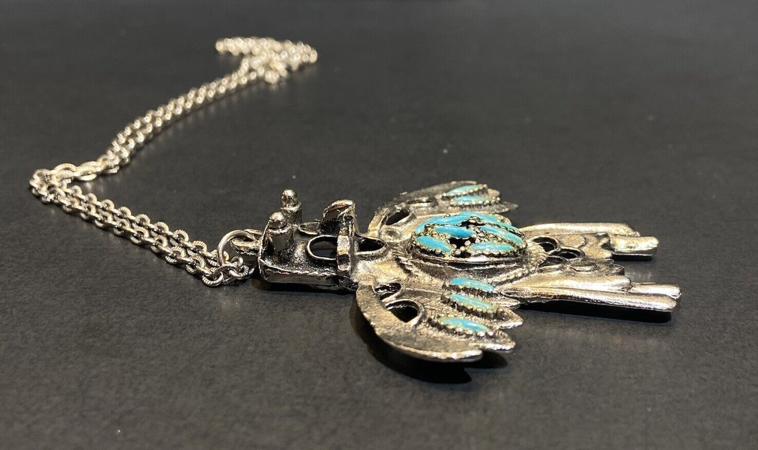 VTG Thunderbird Kachina Pendant Necklace Faux Turquoise Silver Tone Southwestern