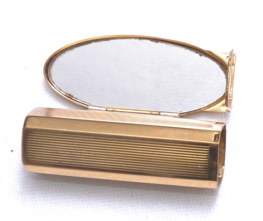 Stratton England Compact Mirror & Lipstick Holder Gold Tone Floral Fiip VTG 60s
