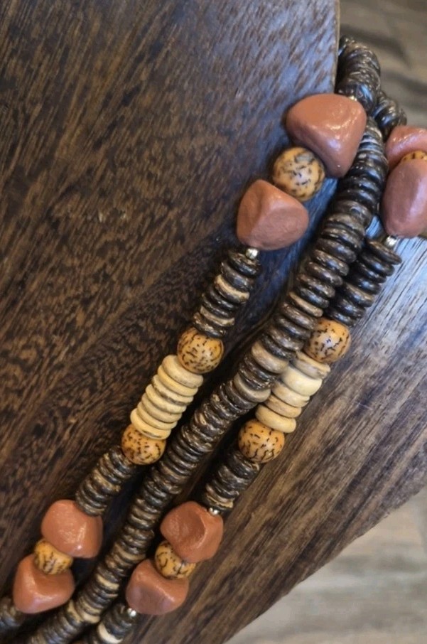 Vtg Artisan Handcrafted Triple Strand Earth Tone Beaded Necklace, Hook Closure