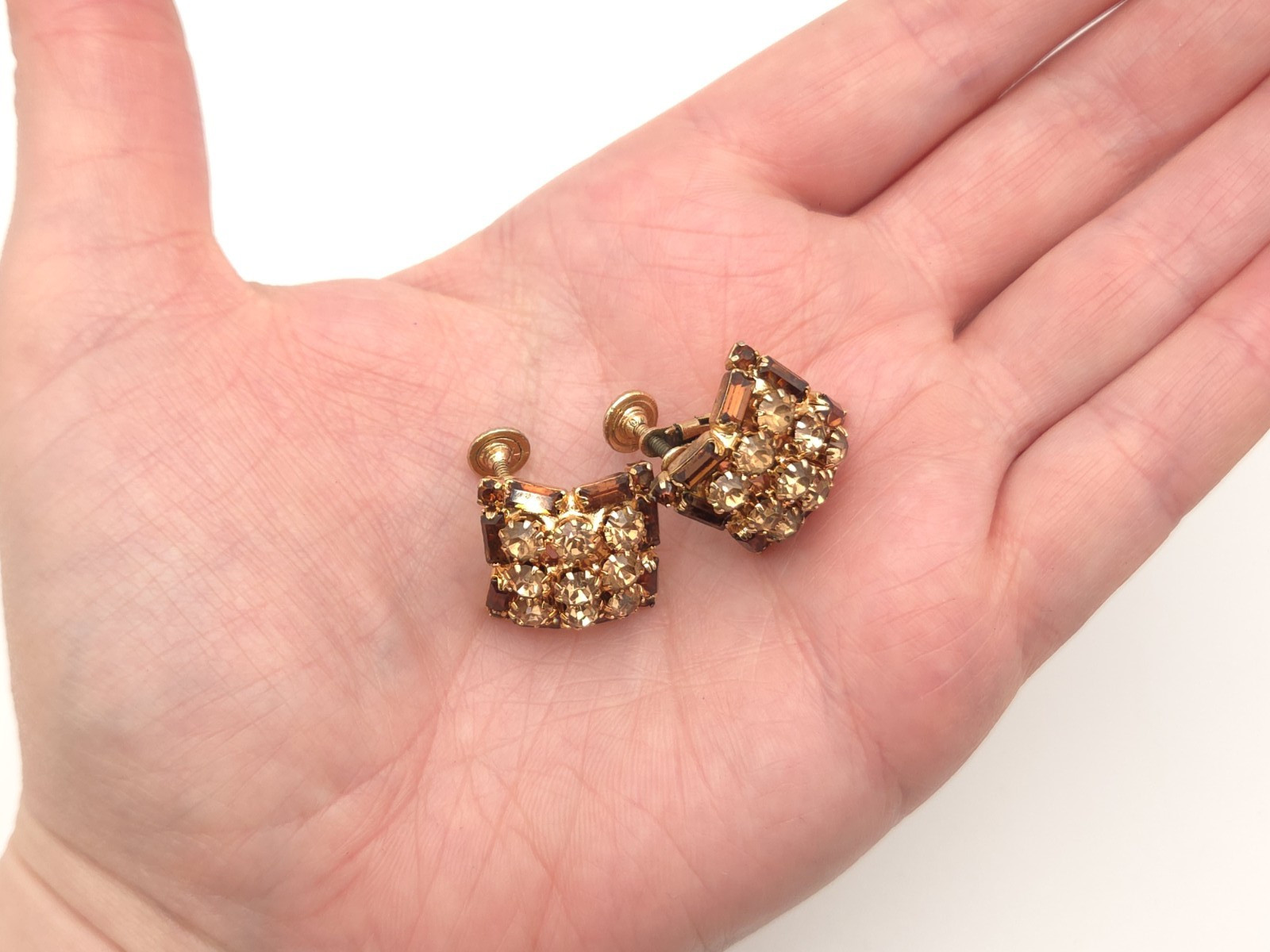 Vintage Hobe Signed Gold Tone Brown Rhinestone Adjustable Clip On Earrings
