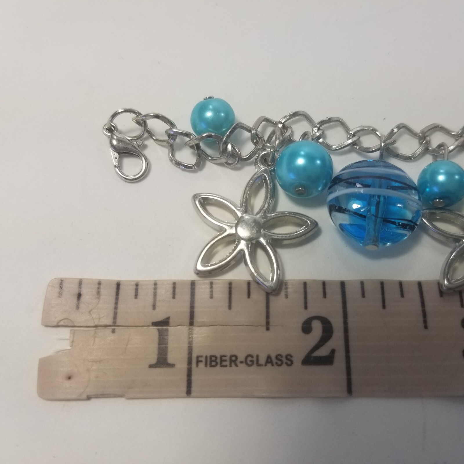Charm Bracelet Blue Silver Tone Flower Glass Bead Dangle