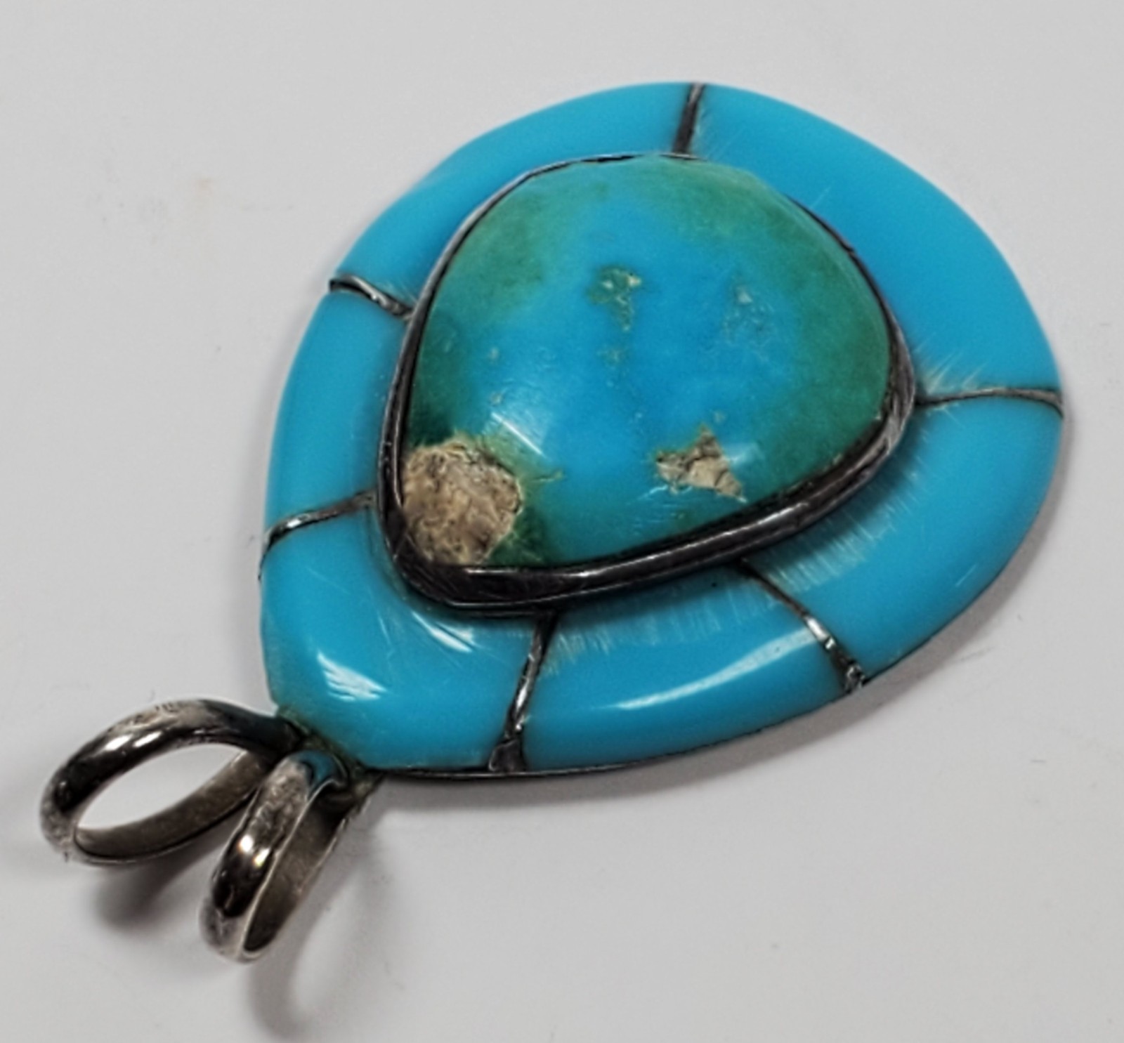 VTG 925 STERLING SILVER Turquoise Teardrop Inlay Pendant 6.47 gm CHIPS