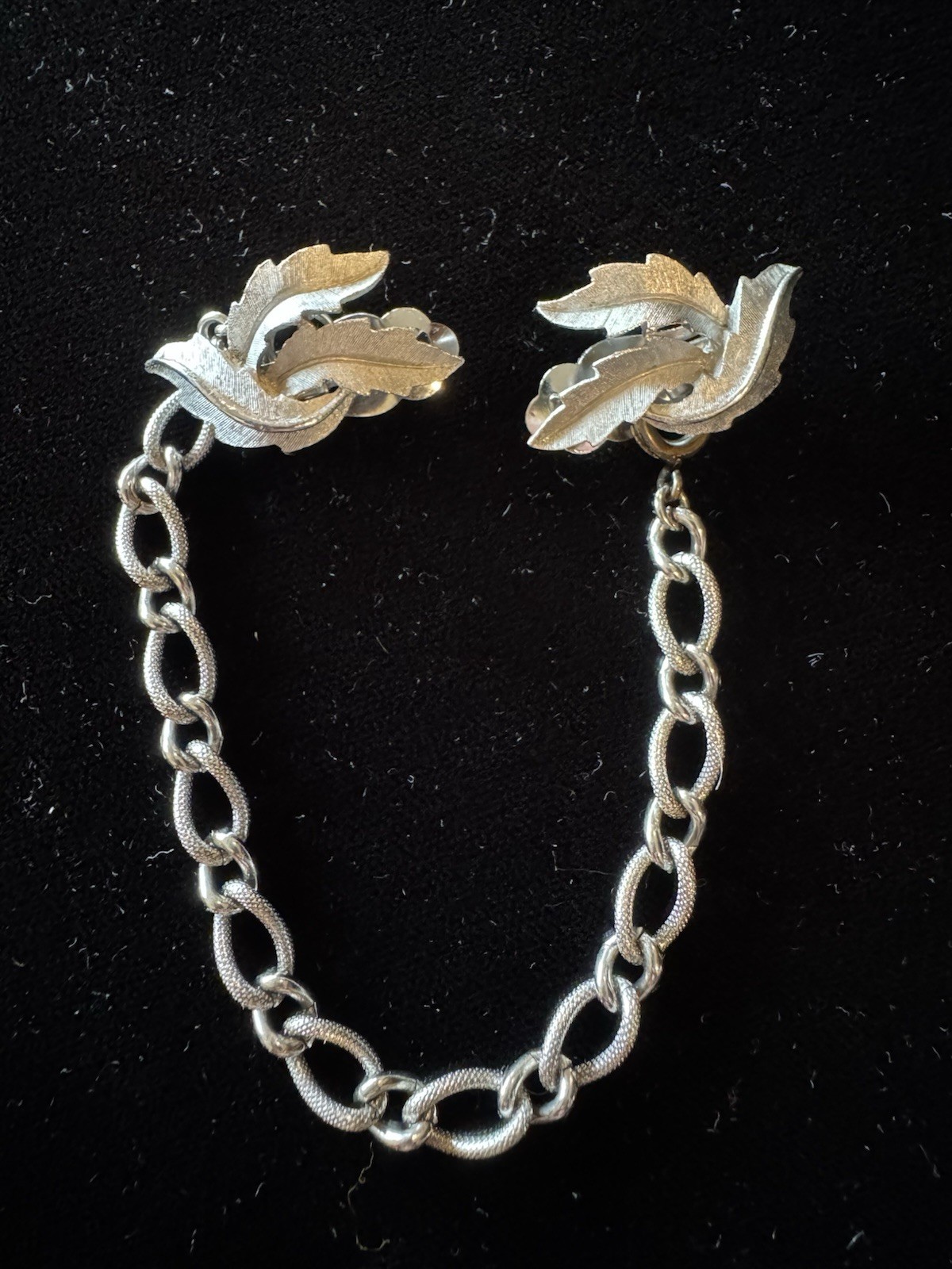 Trifari Silver Tone Leaf Dress Clip with Chain, Flowers & Plants Theme