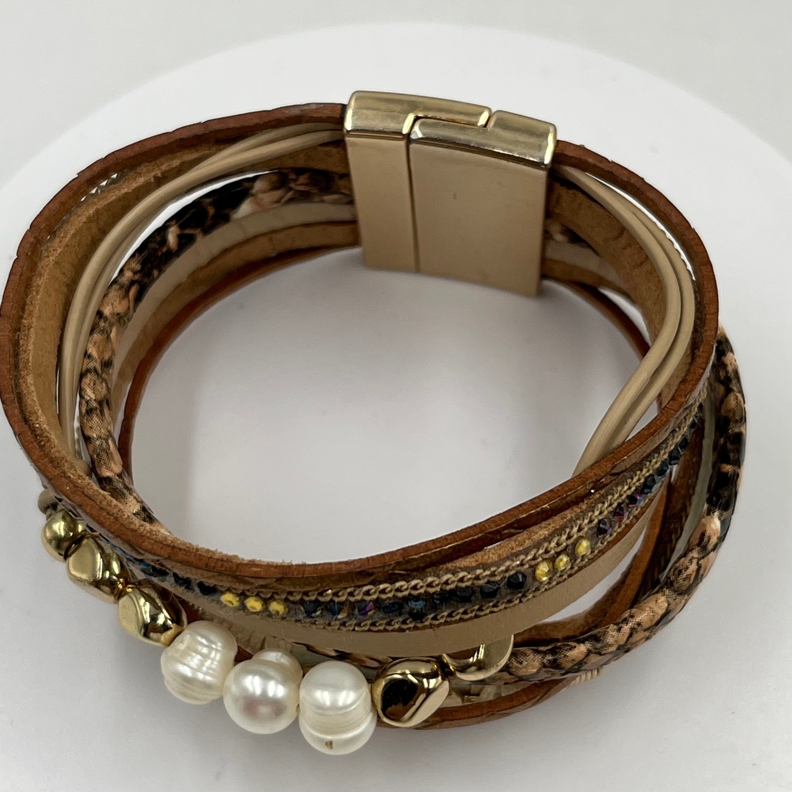 Vintage Multi-Strand Brown Leather Wrap Bracelet w/ Pearl Rhinestone Heart Charm