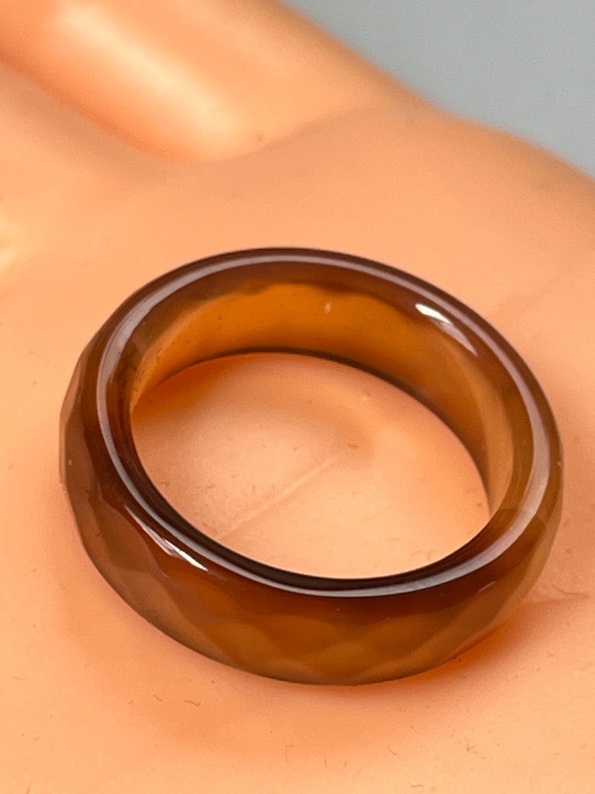 Cream & Amber Faux Carved Stone Faceted Plastic Stacking or Not Band Ring Sz 6.5