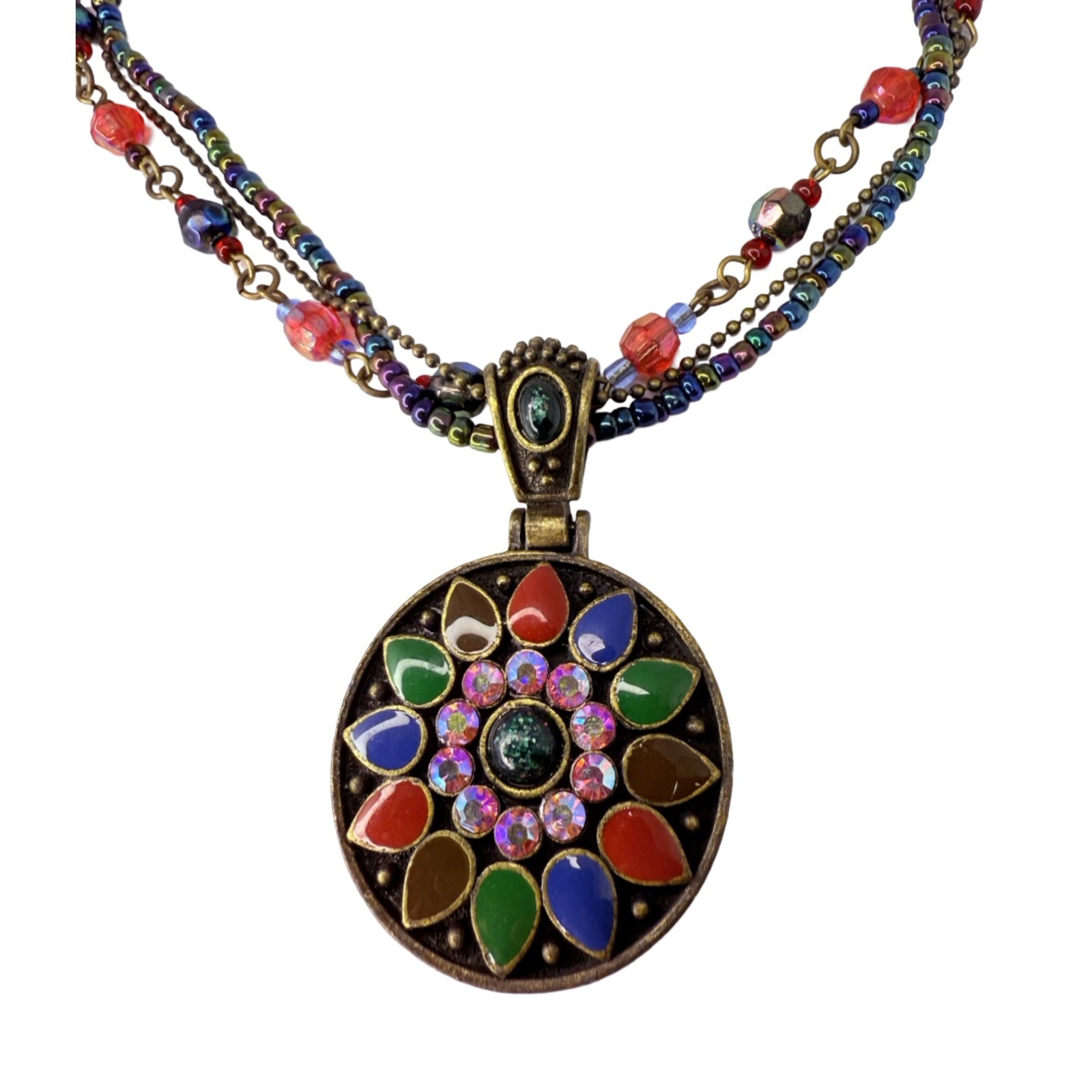 Multicolor Necklace Statement Pendant 19″ Beaded Layered Chain Bohemian