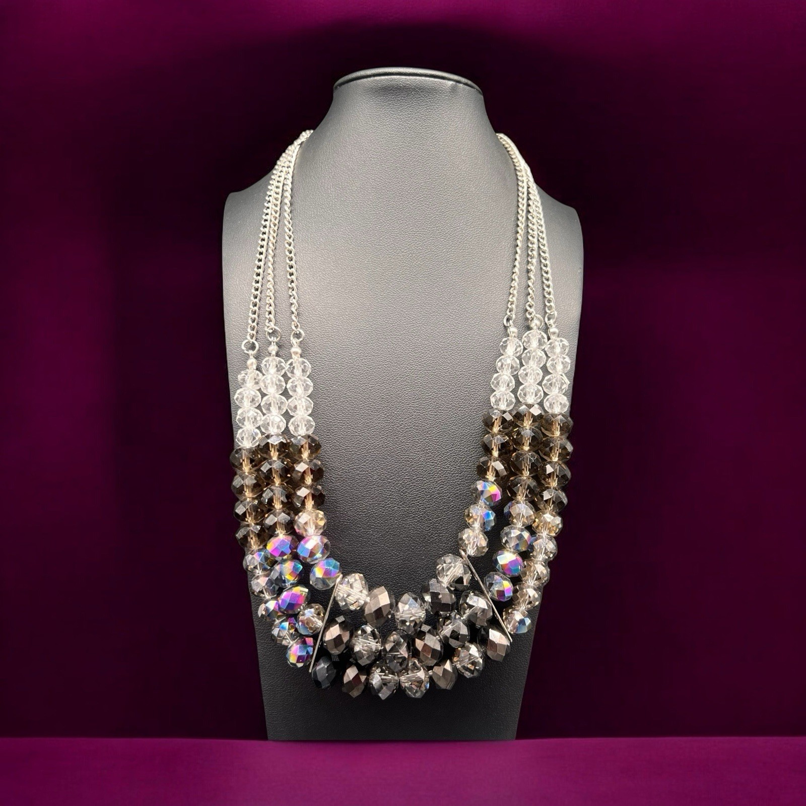 3 Strand Beaded Crystal Necklace Faceted AB Graduating Lustrous Brown Clear