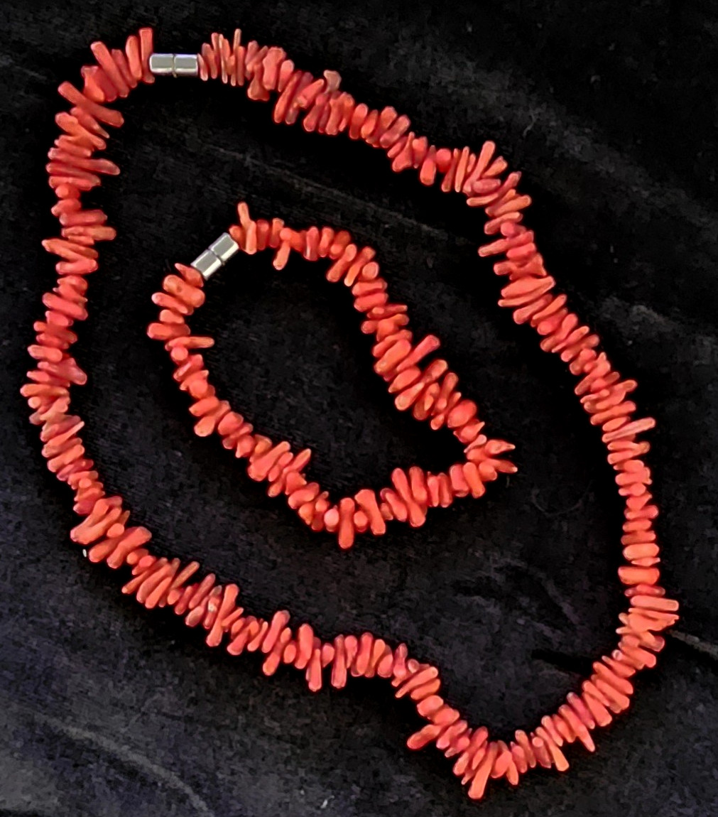 Vintage Red Branch Coral Dainty Necklace & Bracelet Set Retro Beachy Boho 16″