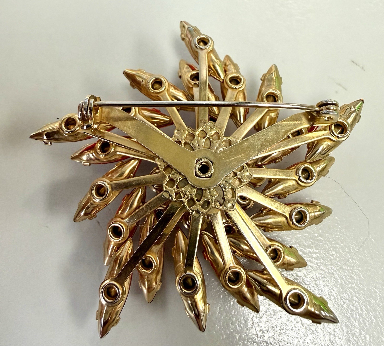 Vintage Juliana Style Red Navette Rhinestone Starburst Brooch AB Gold Tone