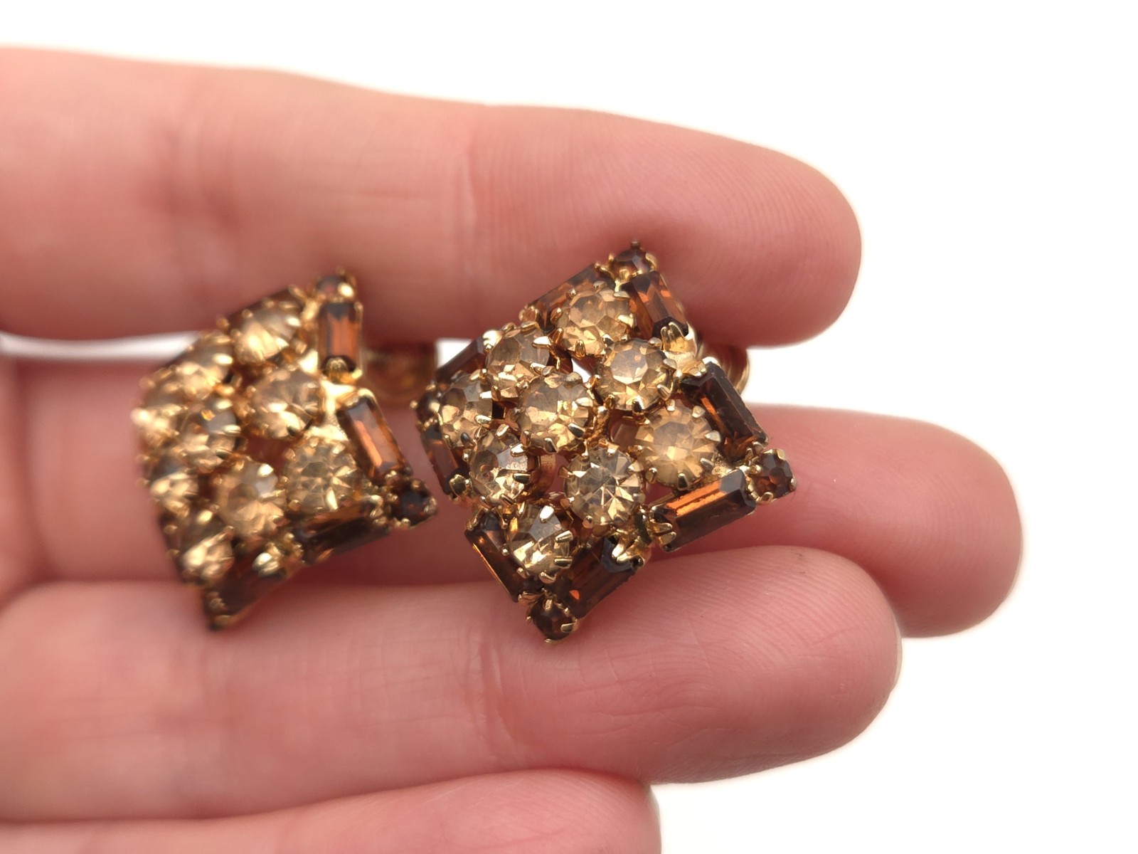 Vintage Hobe Signed Gold Tone Brown Rhinestone Adjustable Clip On Earrings