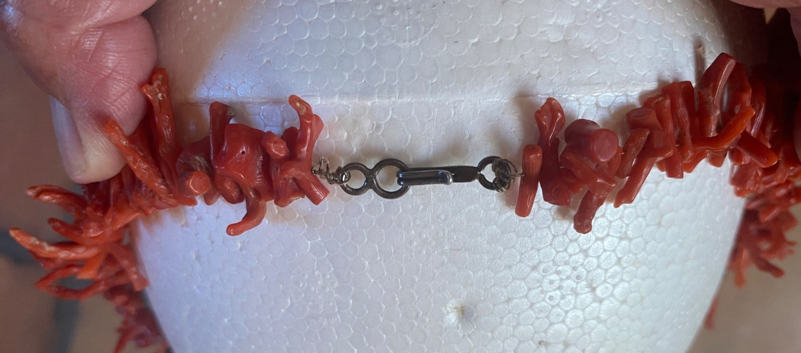 Vintage 1970’s Natural Branch Red Coral Necklace w Silver? Metal Beads 18″