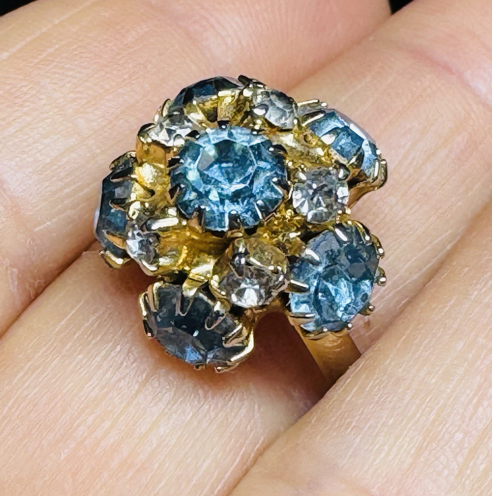 Vintage Light Blue Rhinestone Prong Set Sz 8 & Adjustable Cluster Ring