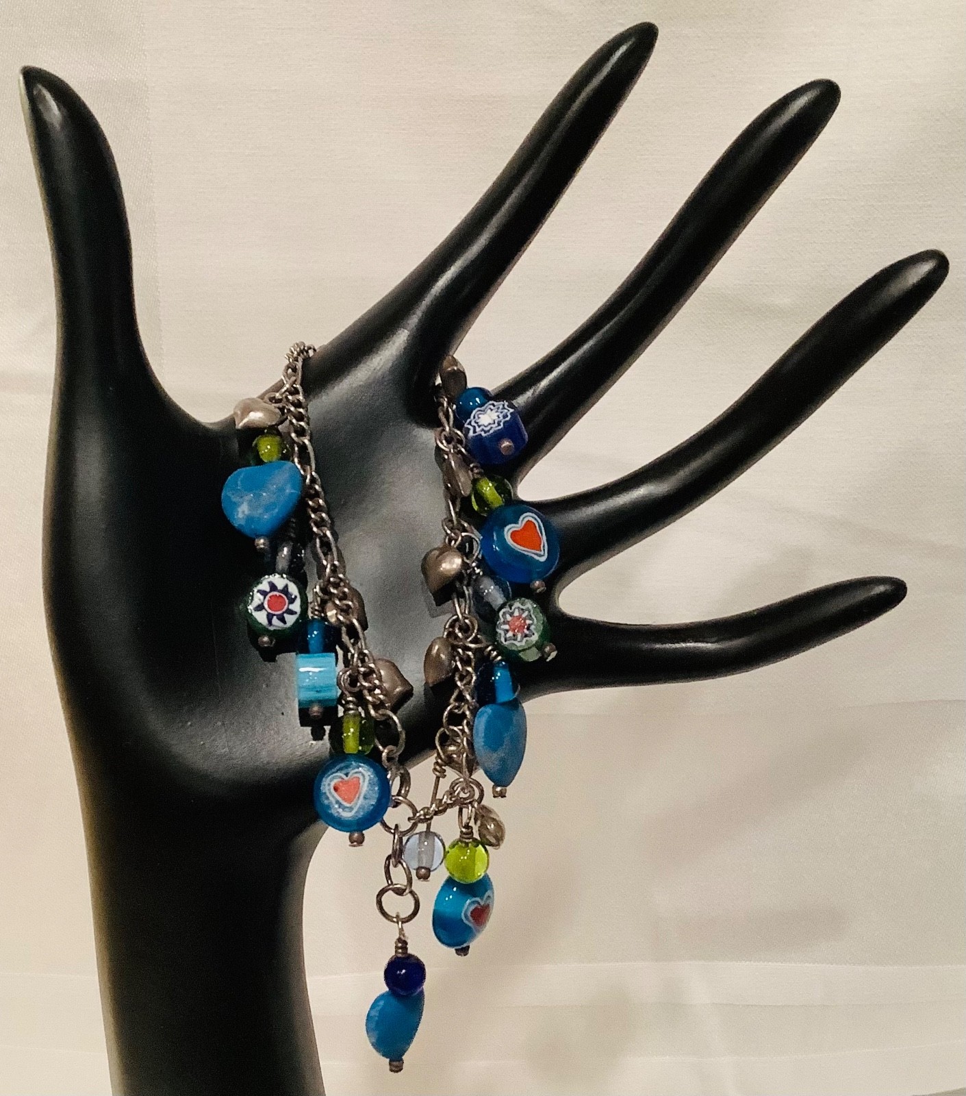 Vintage Sterling Charm Bracelet Puffed Hearts Millefiori Glass Hearts & Flowers