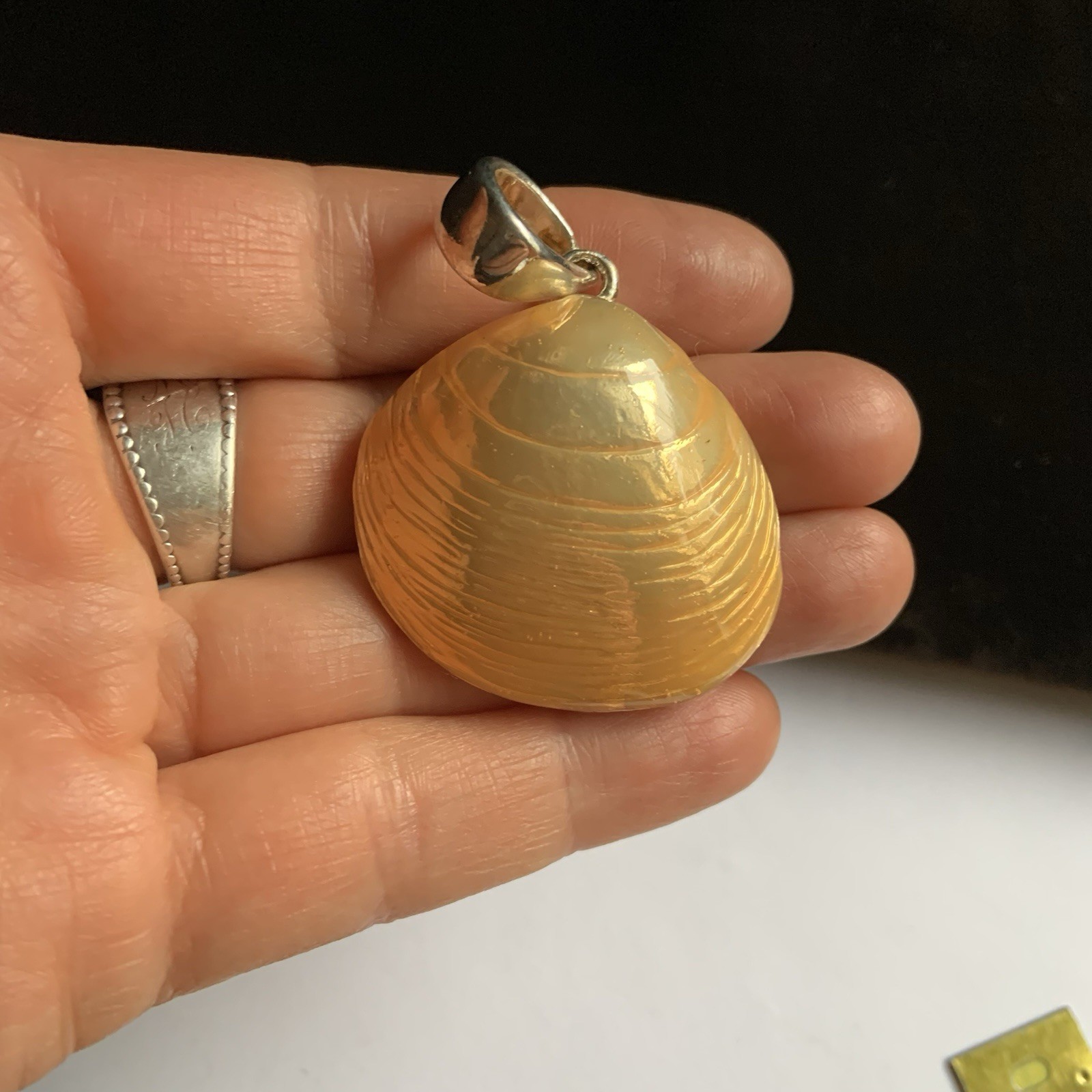 Signed MJ Vintage Silver tone and Orange Sea Shell Pendant Nautical Beach