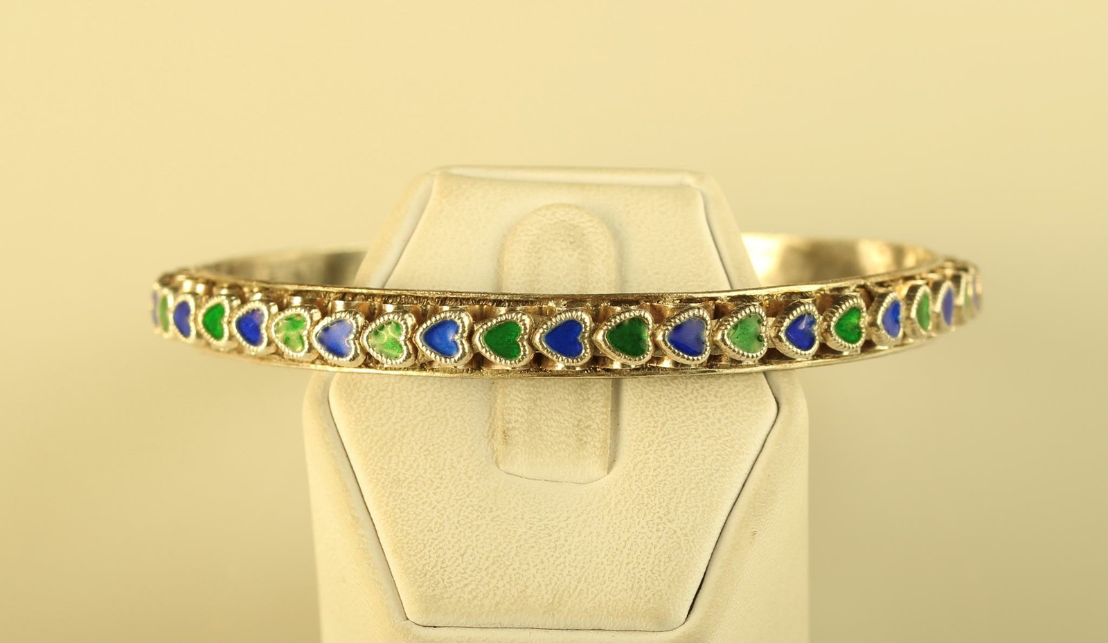 Vintage Sterling handmade Enamel Green and Blue Puff Heart Bangle Bracelet